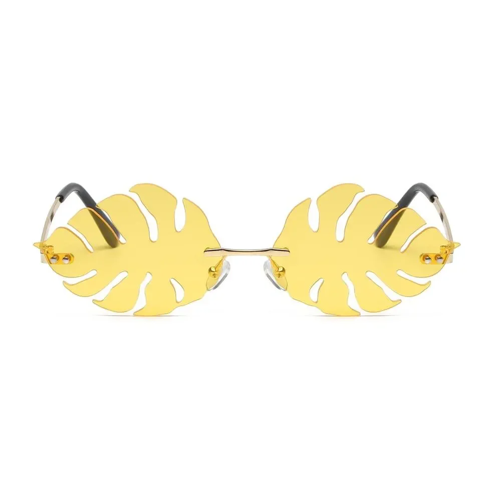 Yellow Monstera Leaf Rimless Sunglasses Festival Rave